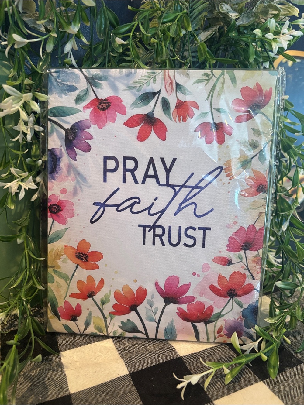 Pray Faith Trust Floral Wall Art - White with Multicolor Accents